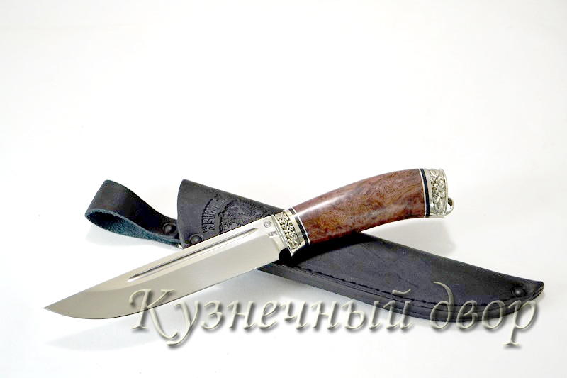 Нож "Егерь " сталь -Х12МФ кованая, рукоять- художественное литье из мельхиора, карельская береза.