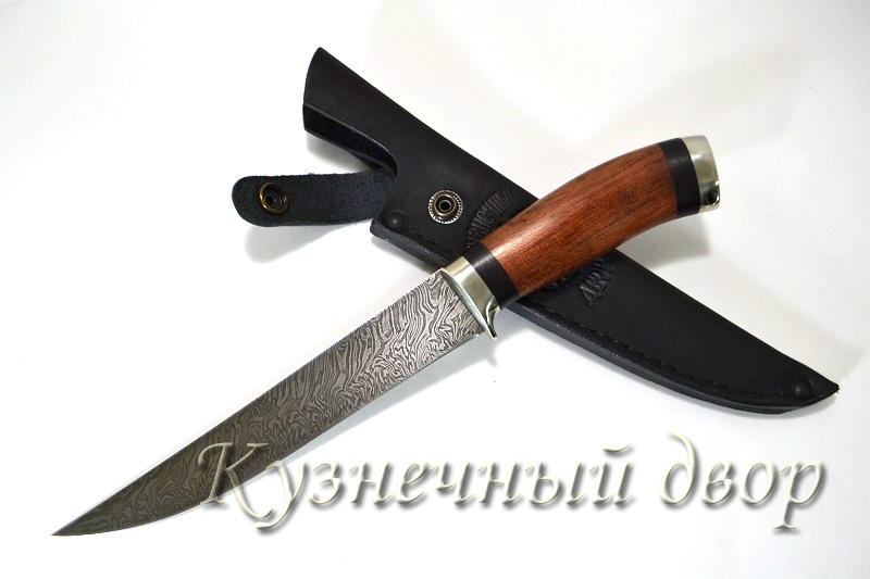 Нож "Филейный-2" сталь-дамаск, рукоять- мельхиор, орех, черный граб. 