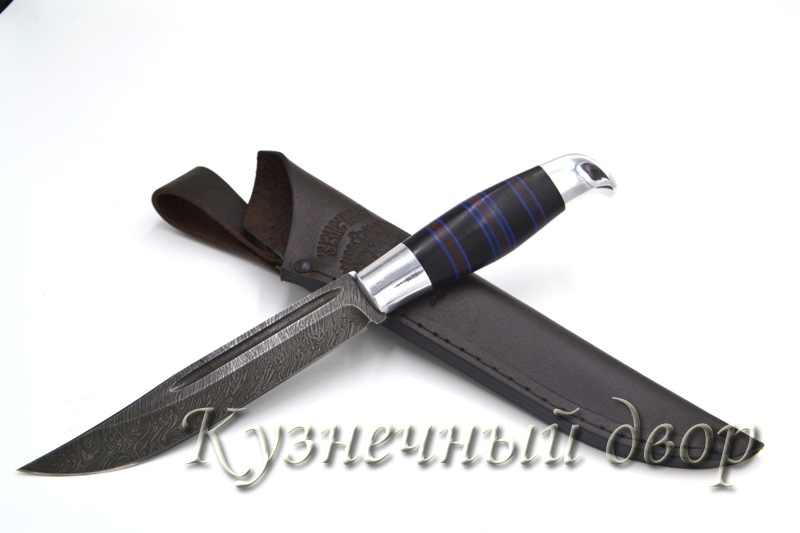 Нож "Осетр"  сталь- дамаск, рукоять- наборная из ценных пород дерева, мельхиоровое литье. 