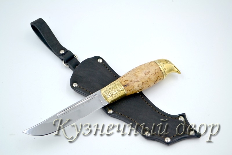 Нож "Птица" сталь-Х12МФ кованая, рукоять- художественное литье из латуни, карельская береза. 