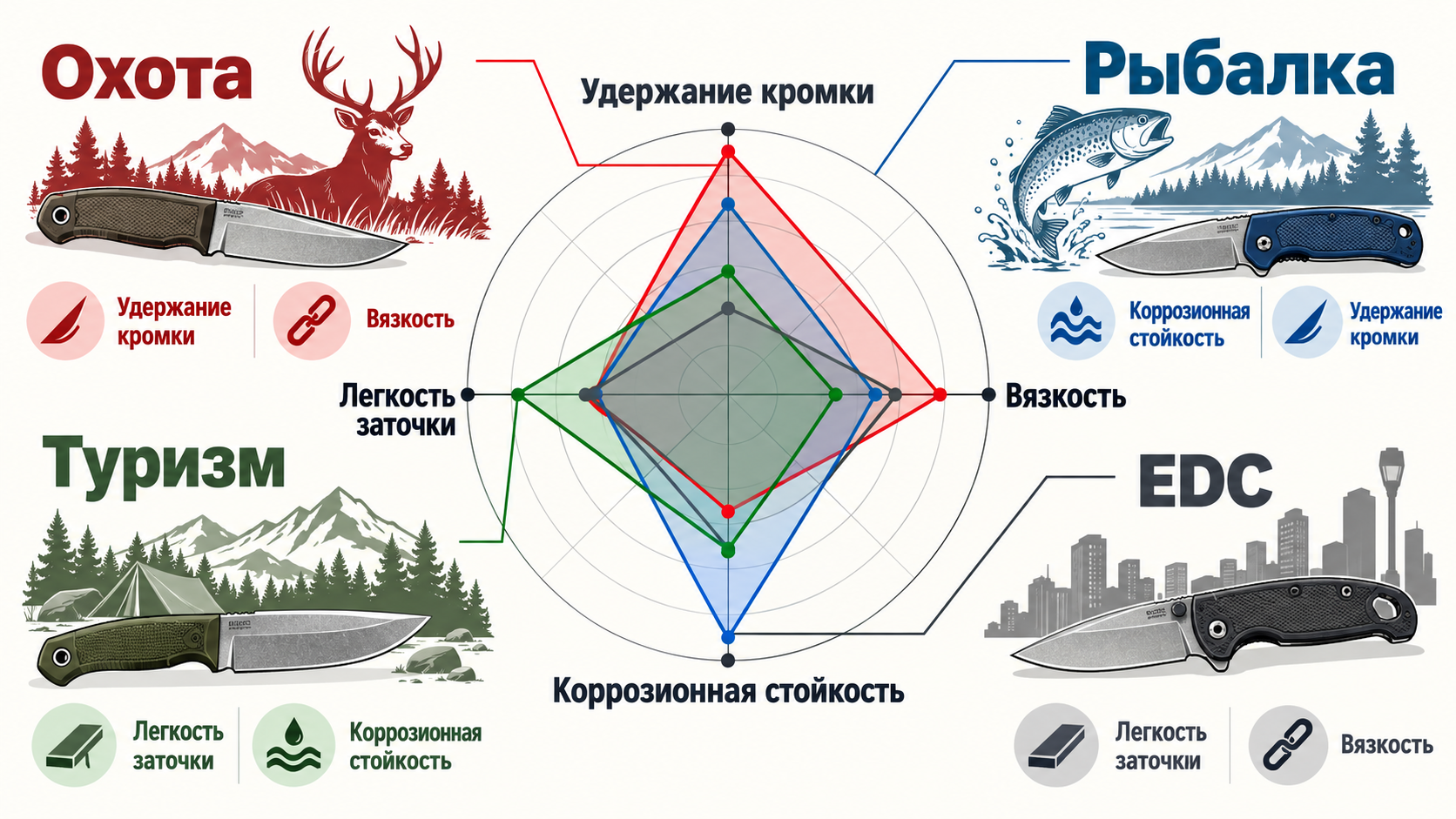Диаграмма баланса свойств ножевой стали для&nbsp;охоты, рыбалки, туризма и&nbsp;повседневного ношения