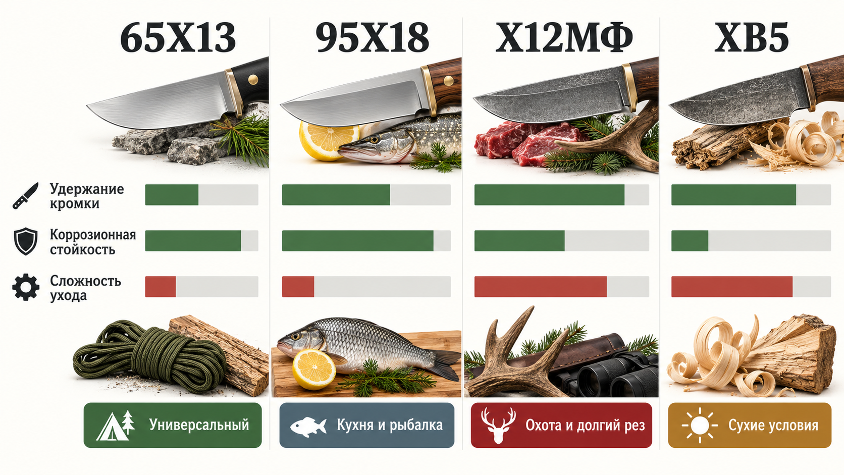 Сравнение российских ножевых сталей 65Х13, 95Х18, Х12МФ и&nbsp;ХВ5 по&nbsp;твердости, вязкости, коррозионной стойкости и&nbsp;удержанию кромки
