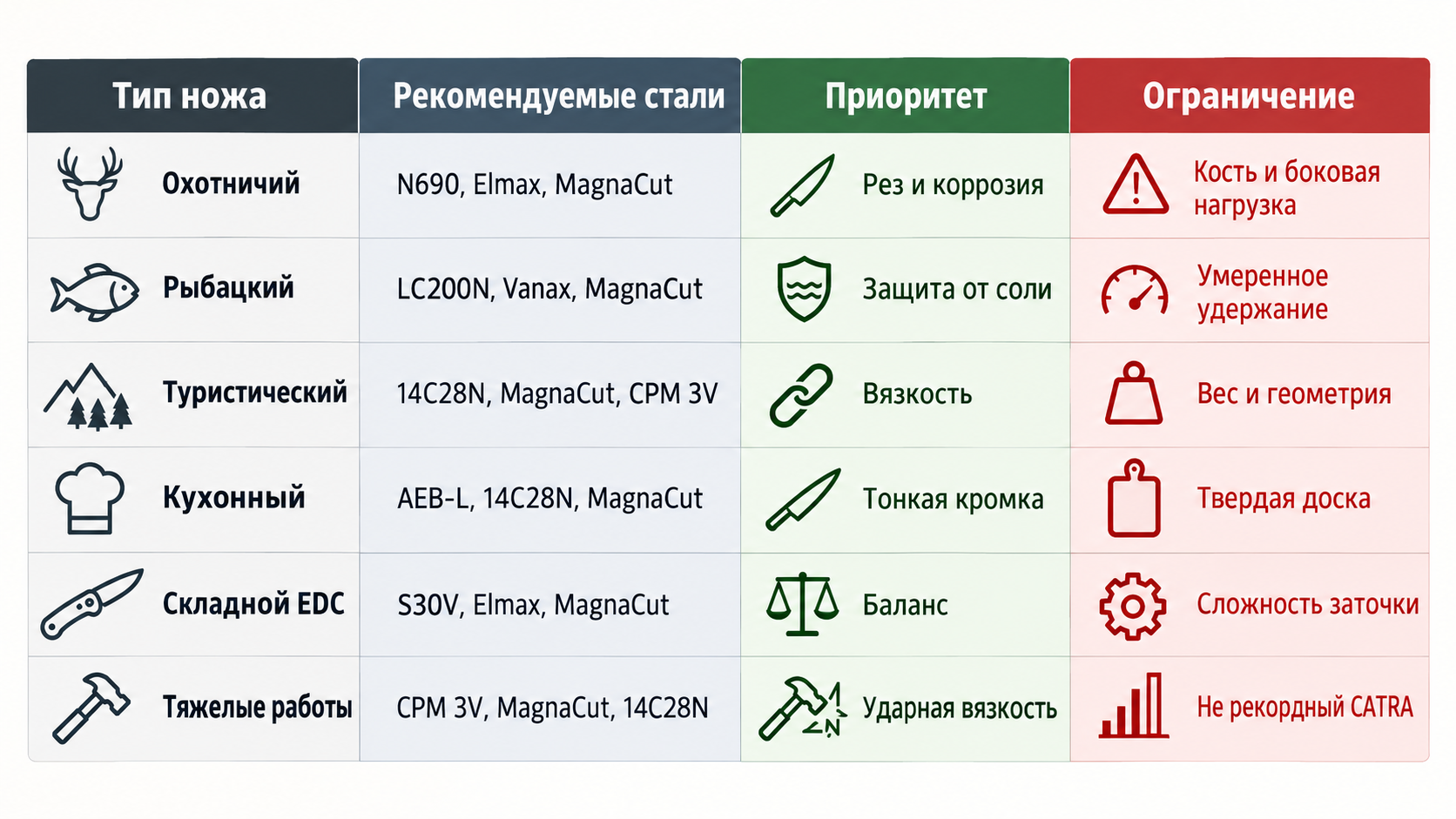 Матрица выбора стали для&nbsp;охотничьего, рыбацкого, туристического, кухонного, складного и&nbsp;тяжелого ножа