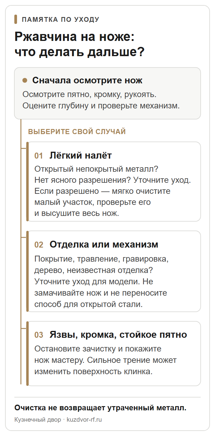 Развилка действий при&nbsp;лёгком налёте, чувствительной отделке и&nbsp;глубокой коррозии ножа
