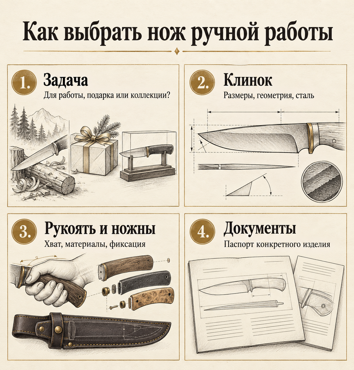 Схема выбора ножа ручной работы по задаче, клинку, рукояти, ножнам и документам