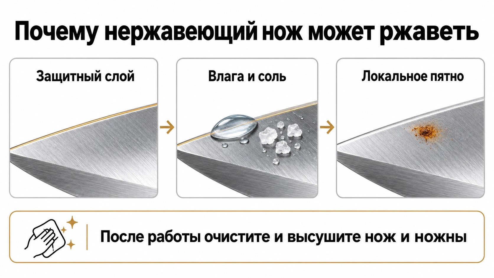 Схема: защитная поверхность клинка, влага с&nbsp;солью и&nbsp;возможное локальное пятно