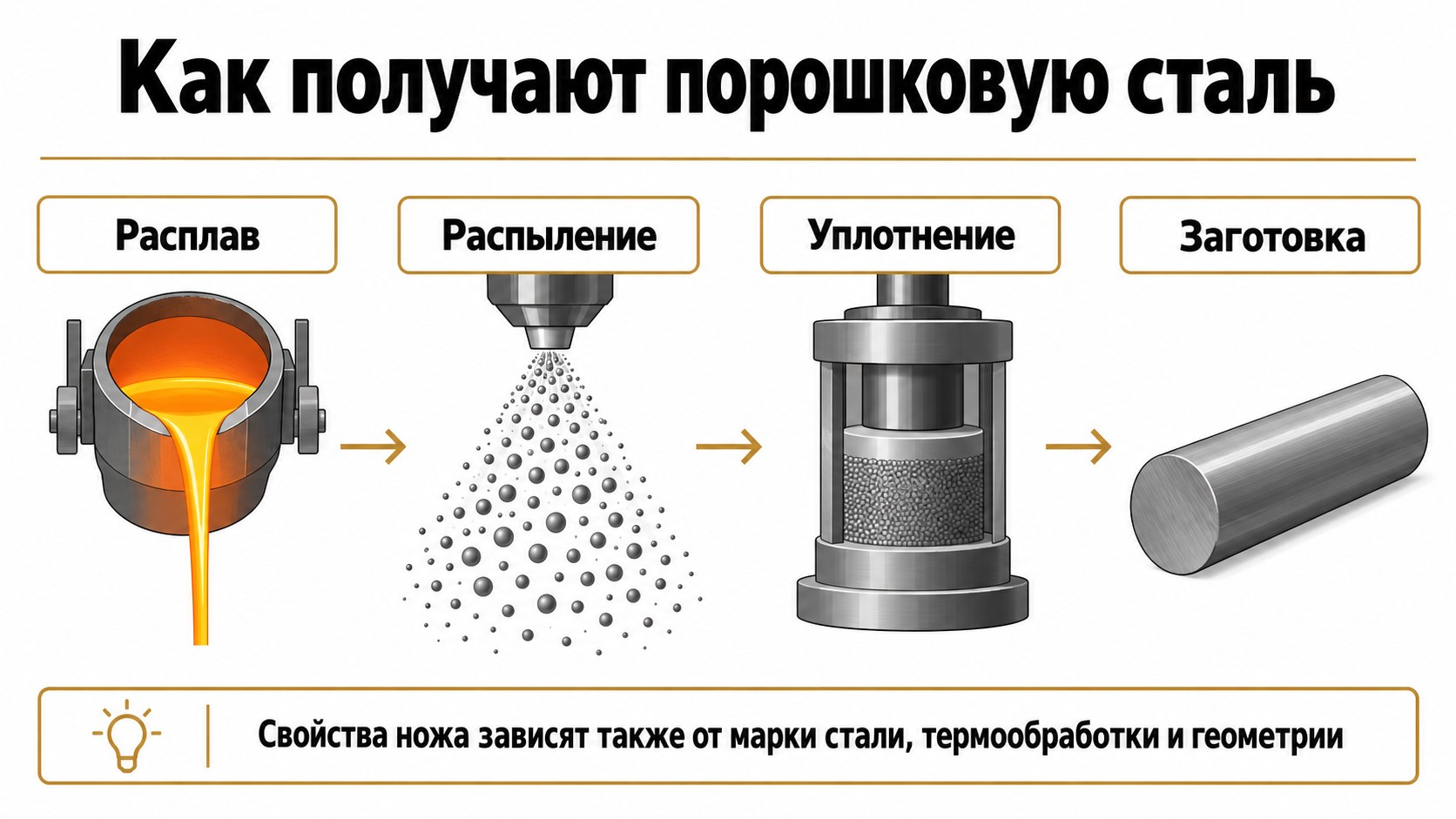 Схема получения порошковой стали: расплав, распыление, уплотнение и&nbsp;заготовка