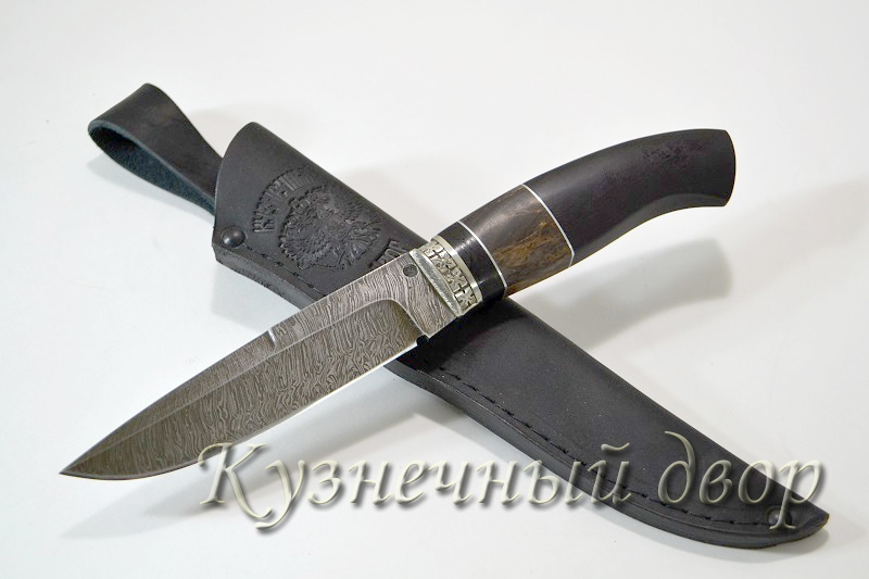 Нож "Барс" сталь-дамаск, рукоять- мельхиор, стабилизированная карельская береза, черный граб.