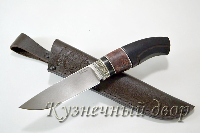 Нож  "Гид", сталь- BOHLER К 340, рукоять-мельхиор, карельская береза, черный граб. 