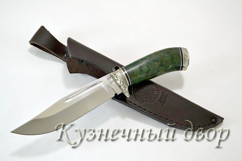 Нож "Сайга" сталь -Х12МФ кованая, рукоять- художественное литье из мельхиора, карельская береза.
