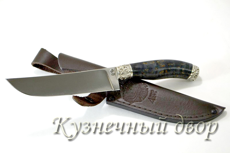 Нож "Узбек" сталь -Х12МФ кованая, рукоять- художественное литье из мельхиора, карельская береза.
