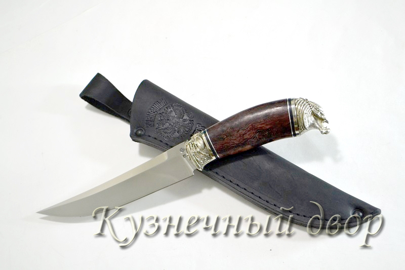 Нож "Путник" сталь -Х12МФ кованая, рукоять-карельская береза, художественное литье из мельхиора.