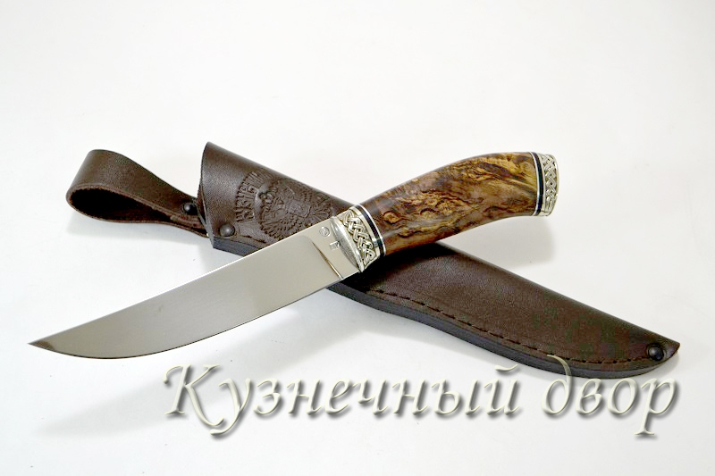 Нож "Шторм" сталь-Х12МФ кованая, рукоять- художественное литье из мельхиора, карельская береза.