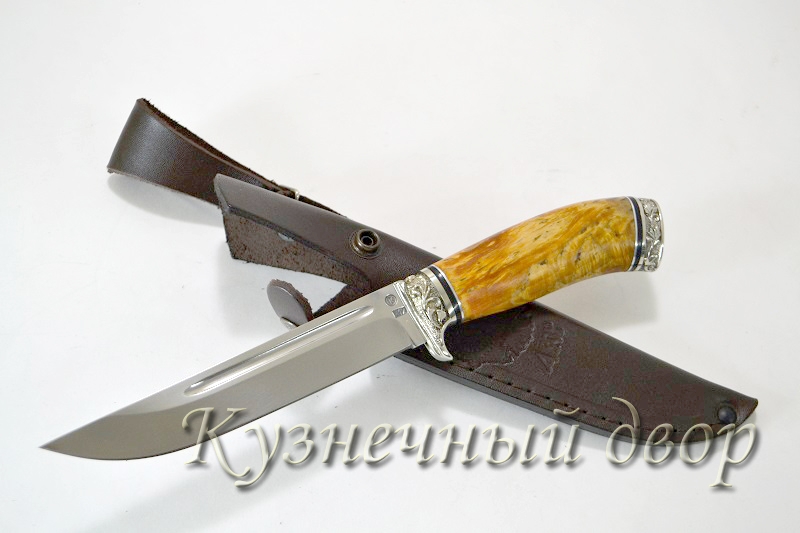 Нож "Якут сталь-Х12МФ кованая, рукоять- карельская береза, художественное литье из мельхиора.