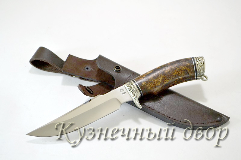 Нож "Лидер" сталь -Х12МФ кованая, рукоять- карельская береза, художественное литье из мельхиора.