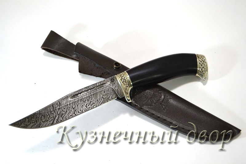 Нож "Таежный"  сталь- дамаск, рукоять-художественное литье из мельхиора, черный граб. 