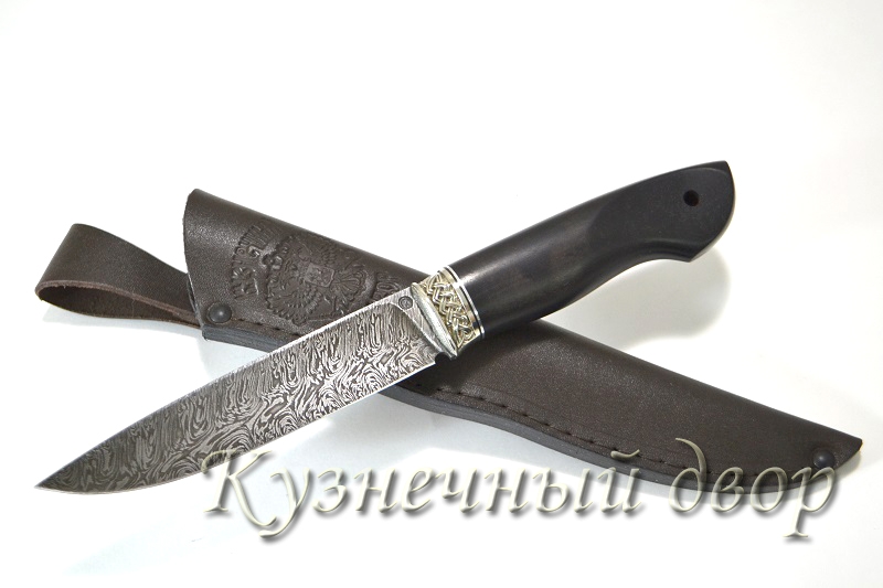 Нож "Таран" сталь- дамаск, рукоять- мельхиор, черный граб.