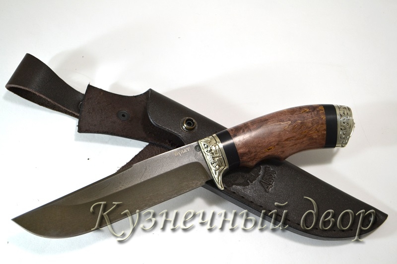 Нож "Охота"  сталь-булат, рукоять- художественное литье из мельхиора, карельская береза.   