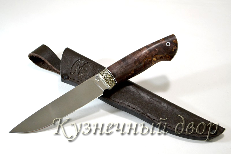 Нож "Таран" сталь- D2, рукоять-мельхиор, стабилизированная карельская береза. 