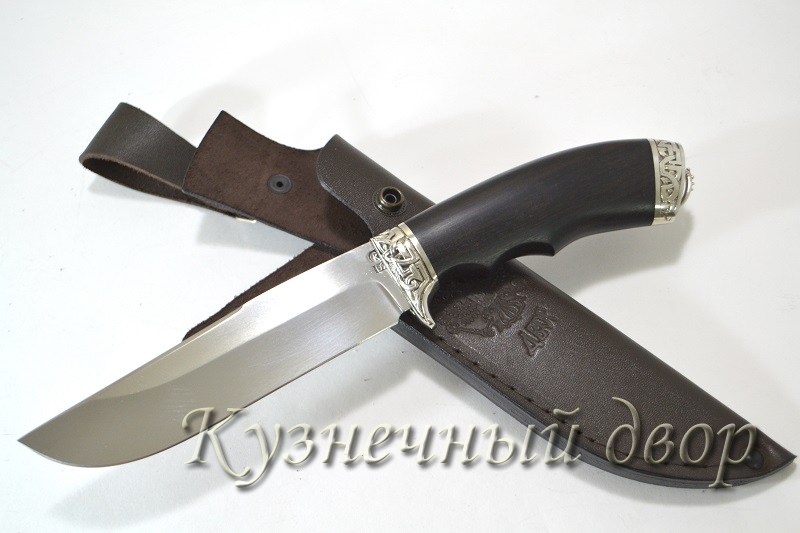 Нож  "Охота" сталь- D2, рукоять-художественное литье из мельхиора, черный граб. 