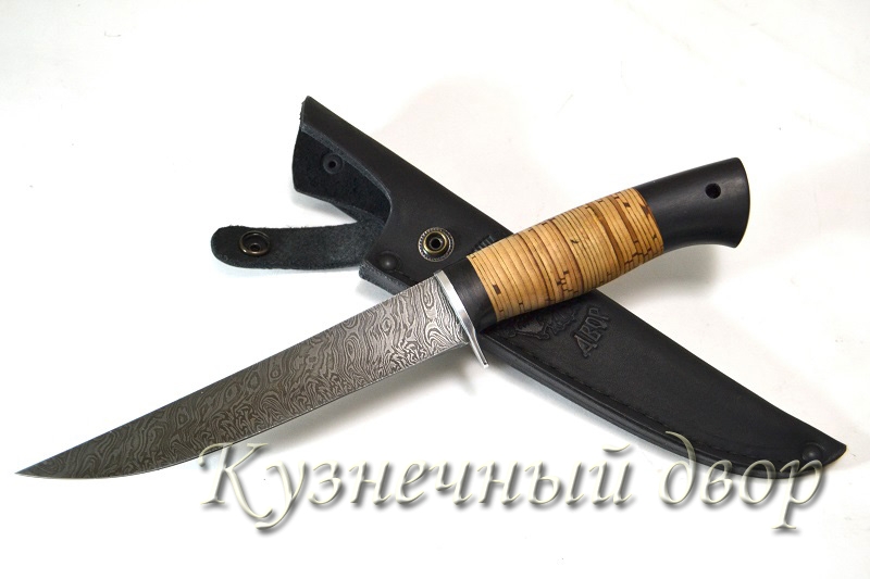 Нож "Филейный-2" сталь-дамаск, рукоять- береста, черный граб. 