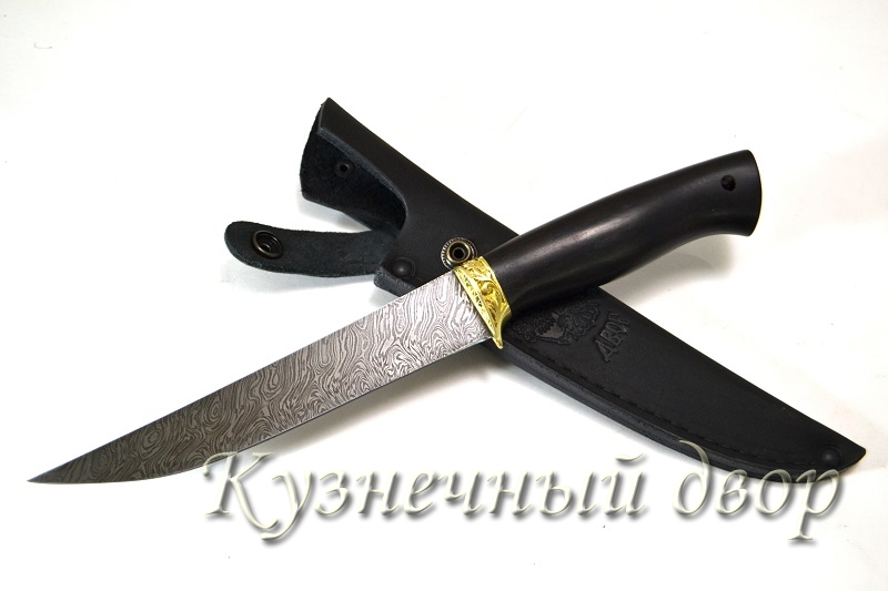 Нож "Филейный-2" сталь-дамаск, рукоять- латунь, черный граб.  