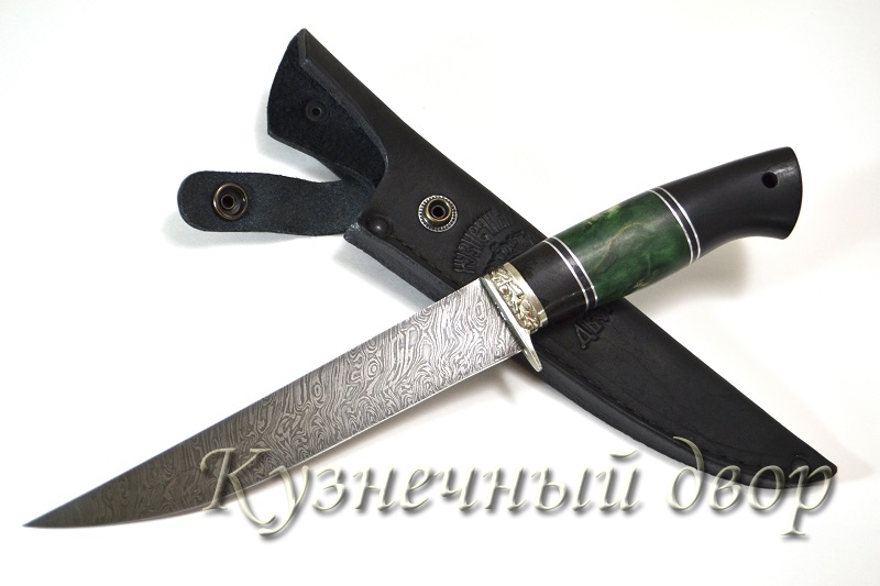 Нож "Филейный-2" сталь-дамаск, рукоять- мельхиор, карельская береза, черный граб. 