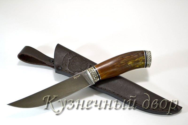 Нож  "Шторм"  сталь-булат, рукоять- художественное литье из мельхиора, карельская береза.