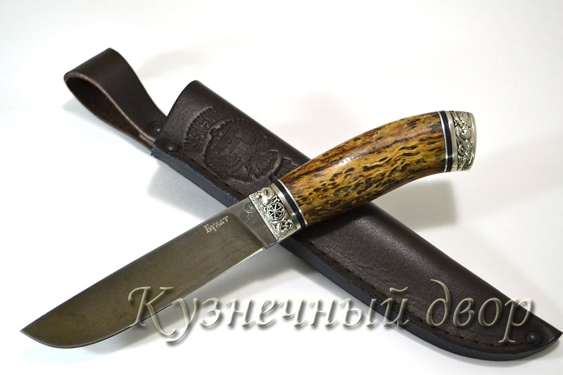 Нож  "Бекас"  сталь-булат, рукоять- художественное литье из мельхиора, карельская береза.