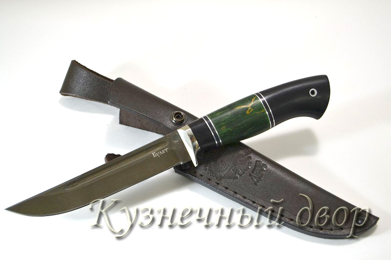 Нож  "Якут"  сталь-булат, рукоять- мельхиор, карельская береза, черный граб. 