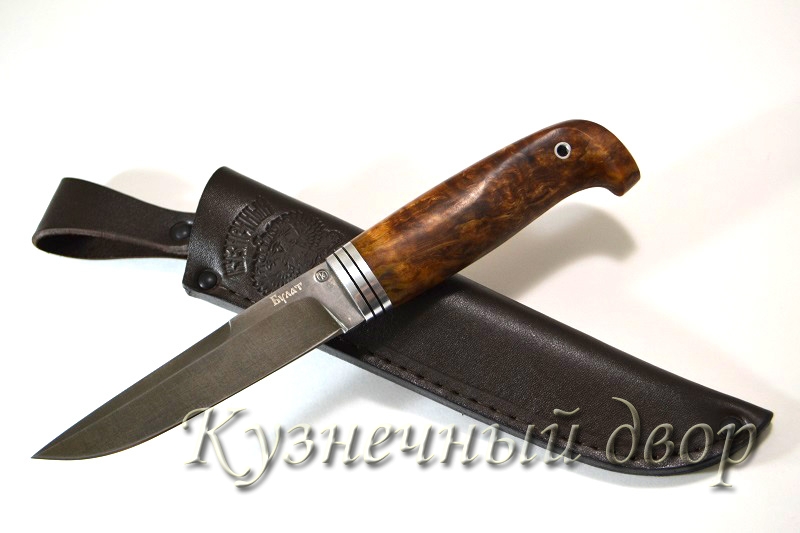 Нож  "Финский"  сталь-булат, рукоять- мельхиор, карельская береза.