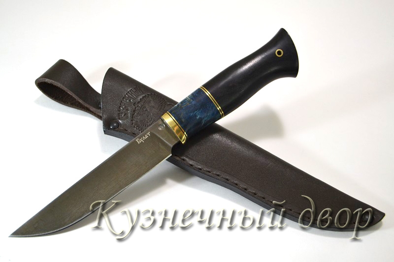 Нож  "Кайман"  сталь-булат, рукоять- мельхиор, карельская береза, черный граб.