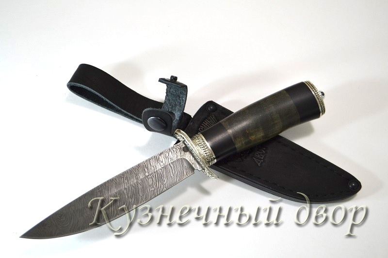 Нож "Засапожный" сталь-дамаск, рукоять- художественное литье из  мельхиора, стабилизированная карельская береза.