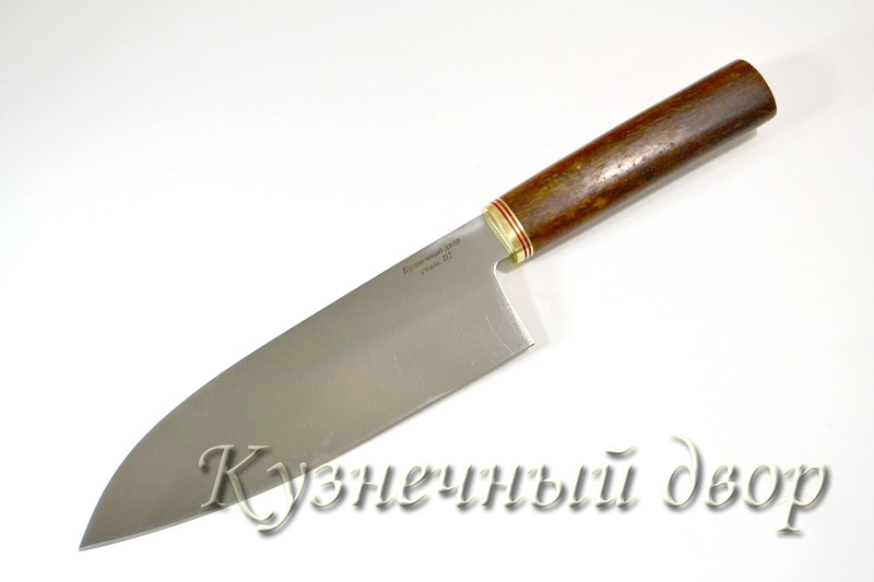 Нож "Сантоку"  сталь-D2, рукоять- латунь, фибра, карельская береза.