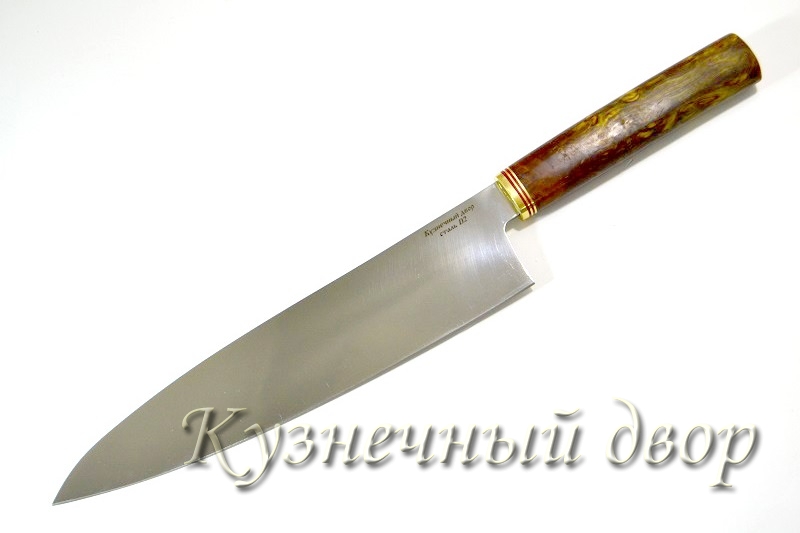 Нож "Поварской"  сталь-D2, рукоять- латунь, фибра, карельская береза.