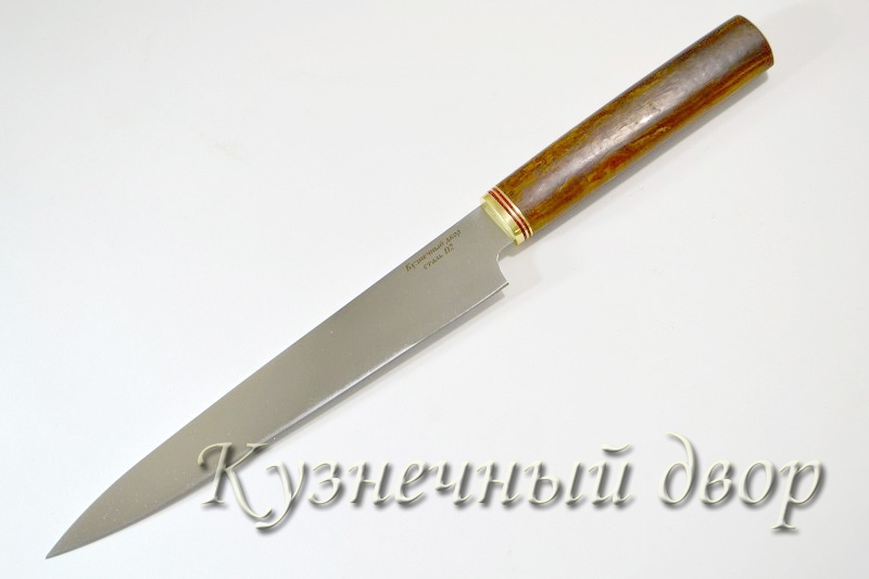 Нож "Для тонкой нарезки"  сталь-D2, рукоять- латунь, фибра, карельская береза.