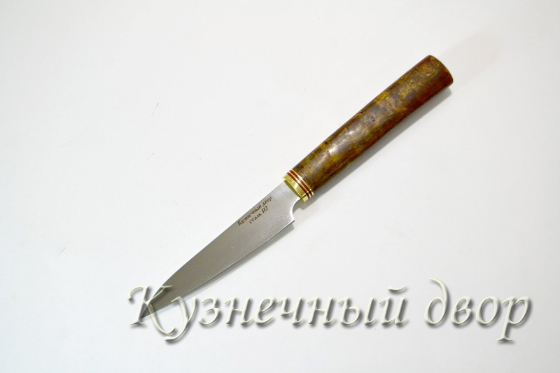 Нож "Овощной"  сталь-D2, рукоять- латунь, фибра, карельская береза. 