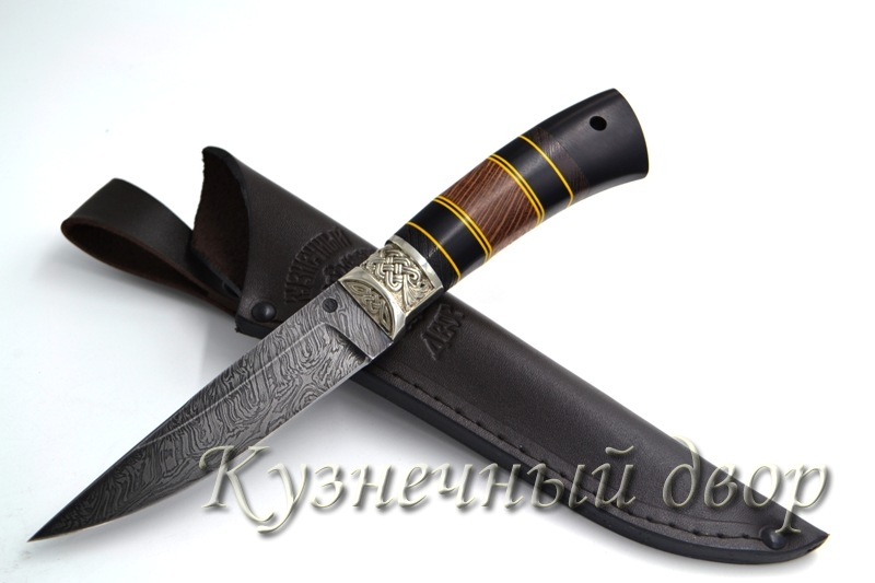 Нож "Финский"  сталь- дамаск, рукоять- наборная из ценных пород дерева, мельхиор.