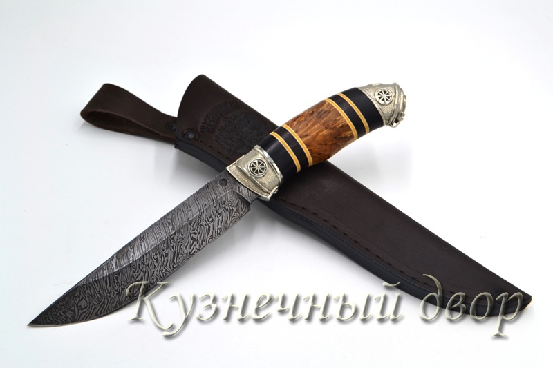 Нож "Тайга"  сталь- дамаск, рукоять- наборная из ценных пород дерева, мельхиоровое литье.  