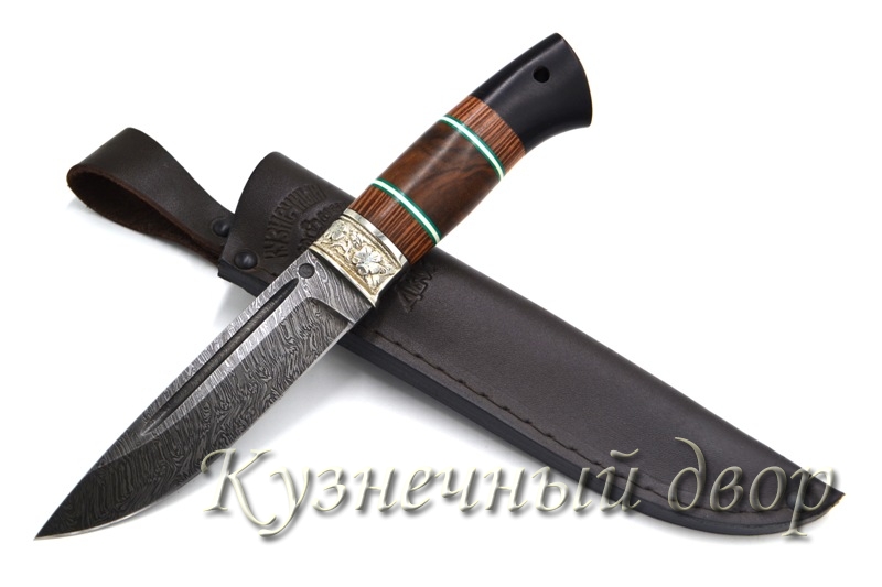 Нож "Бекас"  сталь- дамаск, рукоять- наборная из ценных пород дерева, мельхиор. 
