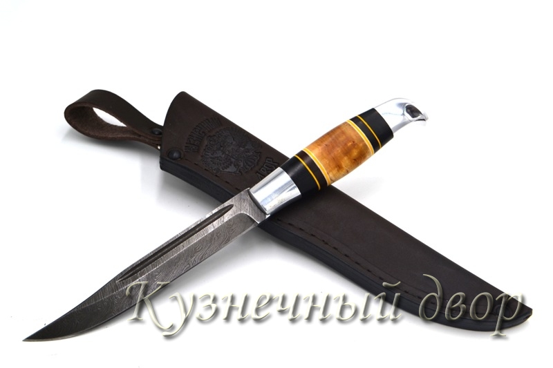 Нож "Щучка" сталь- дамаск, рукоять- наборная из ценных пород дерева, мельхиоровое литье.