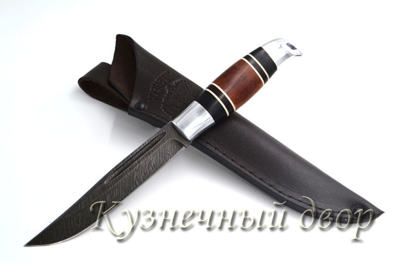 Нож  "Щучка малая" сталь- дамаск, рукоять- наборная из ценных пород дерева, мельхиоровое литье.
