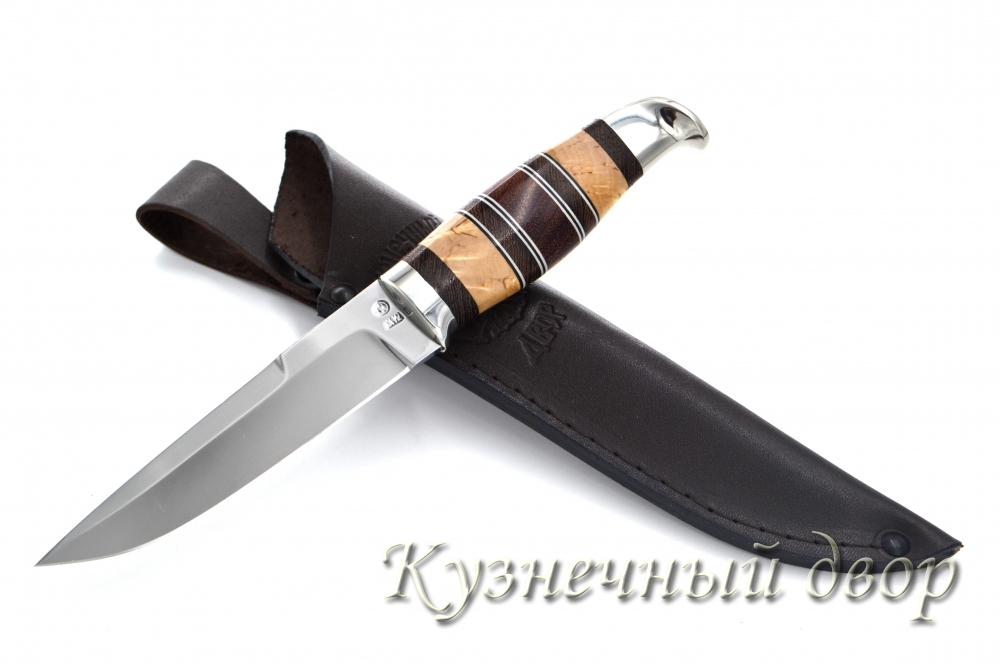 Нож "Финский"  сталь-Х12МФ кованая, рукоять- наборная из ценных пород дерева, мельхиоровое литье.