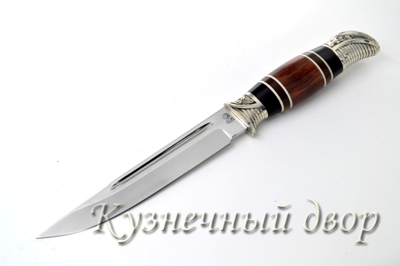 Нож  "НКВД" сталь-Х12МФ кованая, рукоять- наборная из ценных пород дерева, мельхиоровое литье.