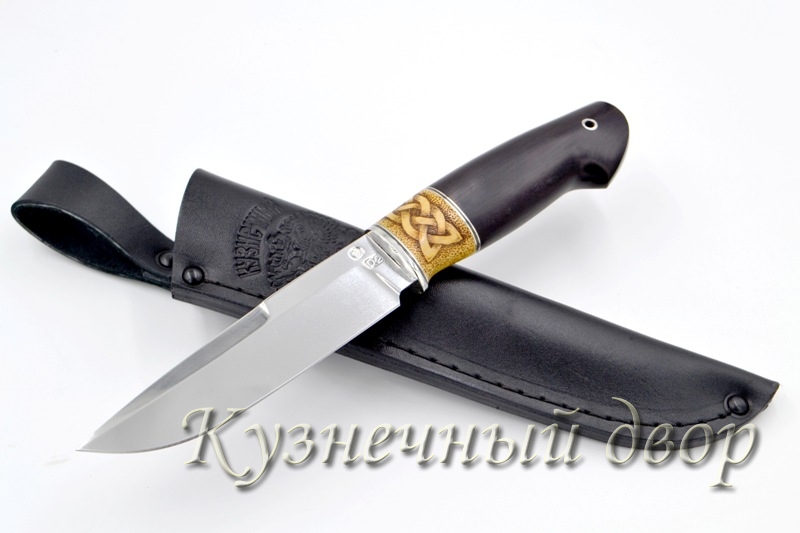 Нож  "Барс" сталь- D2, рукоять- мельхиор, черный граб, самшит с художественным оформлением.