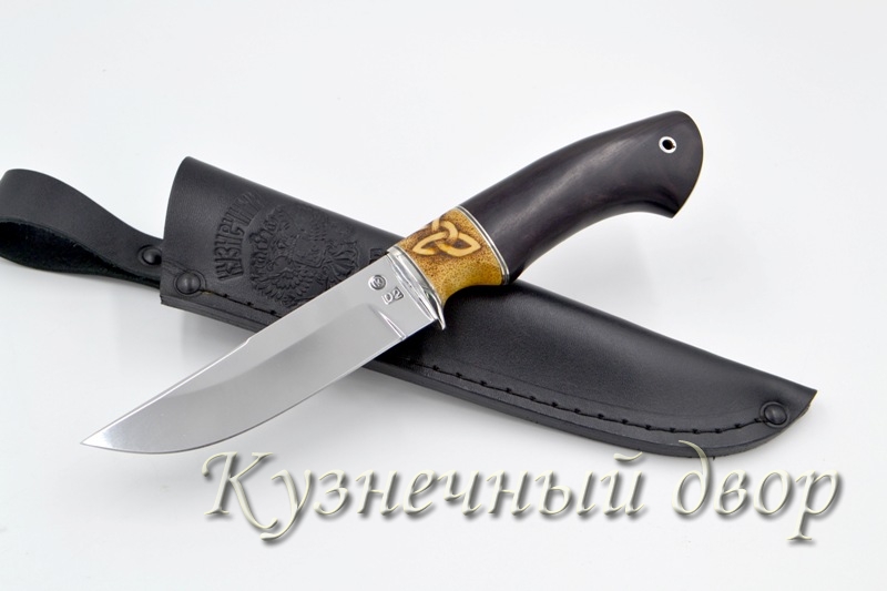 Нож "Овод" сталь- D2, рукоять- мельхиор, черный граб, самшит с художественным оформлением рукояти.