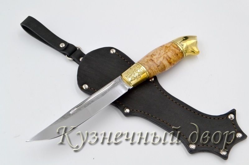 Нож "Собака" сталь-Х12МФ кованая, рукоять- художественное литье из латуни, карельская береза. 