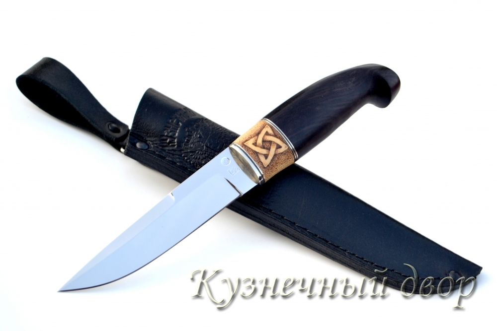 Нож "Финский"  сталь- D2, рукоять- мельхиор, черный граб, самшит с художественным оформлением. 