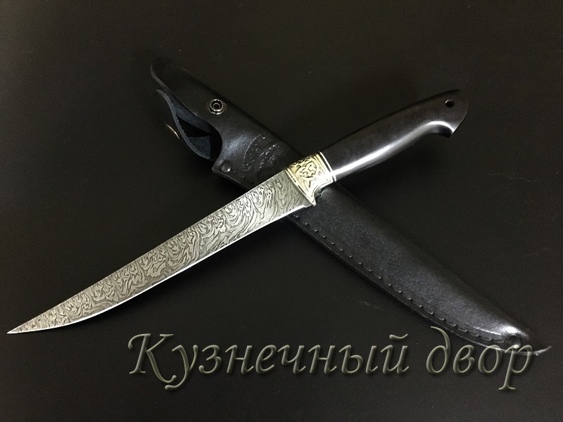 Нож "Филейный-1" сталь-дамаск, рукоять- мельхиор, черный граб. 