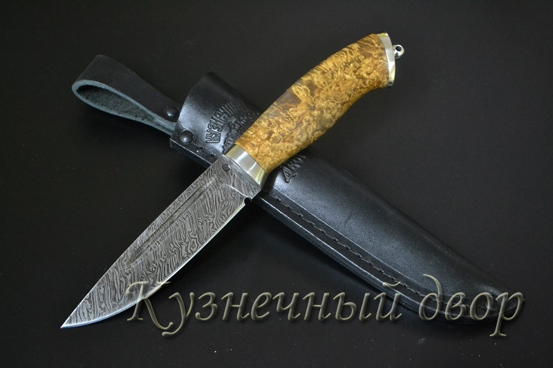 Нож "Бекас"  сталь- дамаск, рукоять- мельхиоровое литье, карельская береза.